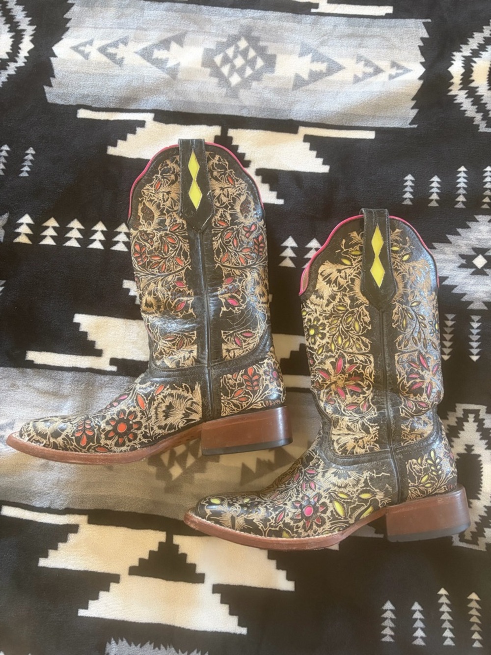 Johnny Ringo Black Floral Embossed Heeled Boots with Pink Accents - Picture 3 of 9